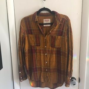 Mustard yellow plaid button down shirt
